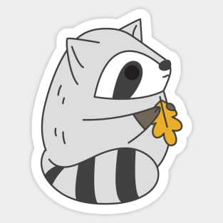 Cute fat raccoon holding an oak leaf Sticker